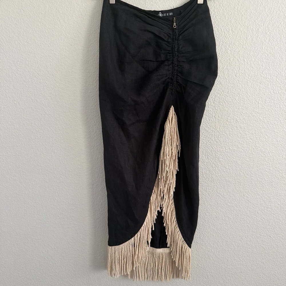 Just be queen JBQ Small Mallorca Fringe Midi Skirt Linen Black Boho Coastal - Picture 2 of 6